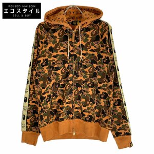 美品/ A BATHING APE アベイシングエイプ ｘMCM 001ZPF731906X CAMO HOODIE サルカモ ジップアップ パーカー L オレンジ メンズ