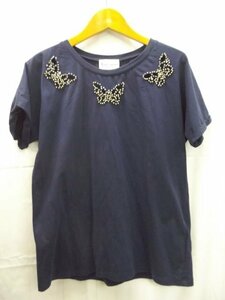 美品★Leo&ugo◎レオ＆ユーゴ/ラインストーン/Tシャツ/ネイビー/紺/1サイズ