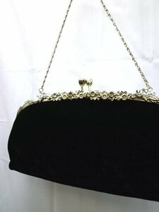 ★フォーマル◎メタルフラワー装飾 ベロア パーティバッグ 黒 ブラック×シルバー がま口 ラインストーン付き チェーンバッグ