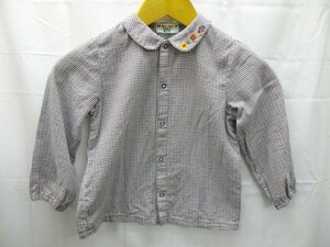  прекрасный товар *MIKI HOUSE* Miki House / в клетку рубашка с длинным рукавом / блуза / кнопка-застежка / белый / белый / мульти- / сделано в Японии /100 размер 