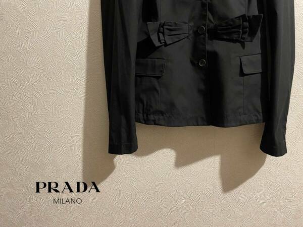 ◯ イタリア製 PRADA リボン テーラード ジャケット / プラダ スーツ コットン アンコン イージー ブラック 黒 42 Ladies #Sirchive