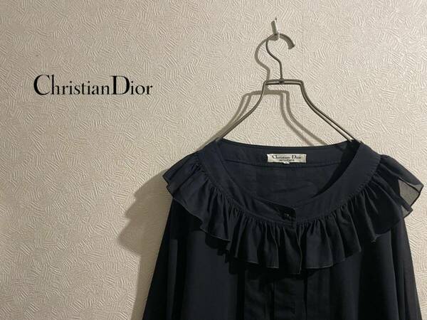 ◯ Vintage Christian Dior ラウンドネック フリル ブラウス / クリスチャン ディオール ギャザー シャツ ブラック 黒 S Ladies #Sirchive