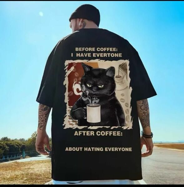 Tシャツ ブラック カットソー ストリート ユニセックス 半袖 バックプリント 黒　猫　【新品未使用】