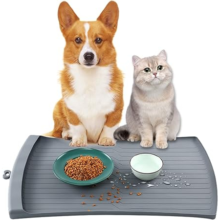 ◆食事マット 犬 猫 ペットマット シリコン 滑り止め 防水 防汚 清潔便利 ボウル置き (48×30cm, グレー)