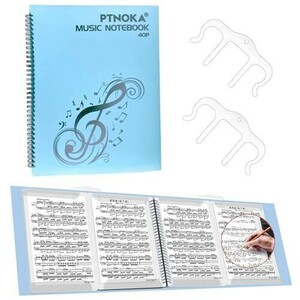 ◆ PTNOKA 楽譜ファイル 譜面ファイル 楽譜ホルダー 4面 書き込める A4サイズ M型アクリル楽譜クリップ2個付き ライトブルー