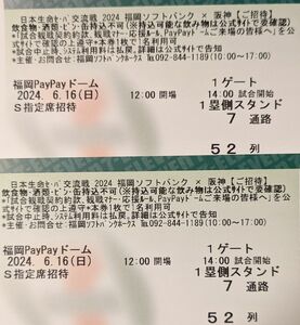 【通路側】6/16(日)一塁側 S指定席 ペアチケット 福岡ソフトバンクホークス対阪神タイガース 6月16日