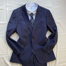 【極美品】THE SUIT COMPANY × REDA スーツ セットアップ シングル ネイビー ストライプ 2B 背抜き 裏地 光沢感 M位 メンズ 1円_画像2