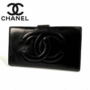 【美品】CHANEL シャネル ココマーク ラム レザー がま口 長財布 ロングウォレット Wホック ブラック ゴールド金具 シール有 フランス製