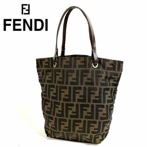 【美品】FENDI フェンディ ズッカ 総柄 レザー ハンドル キャンバス ハンドバッグ トートバッグ ブラウン イタリア製