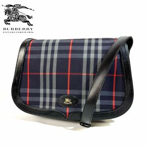 【希少品】BURBERRY バーバリー ノバチェック レザー キャンバス ショルダーバッグ シャドーホース ネイビー ゴールドプレート 英国製 美品