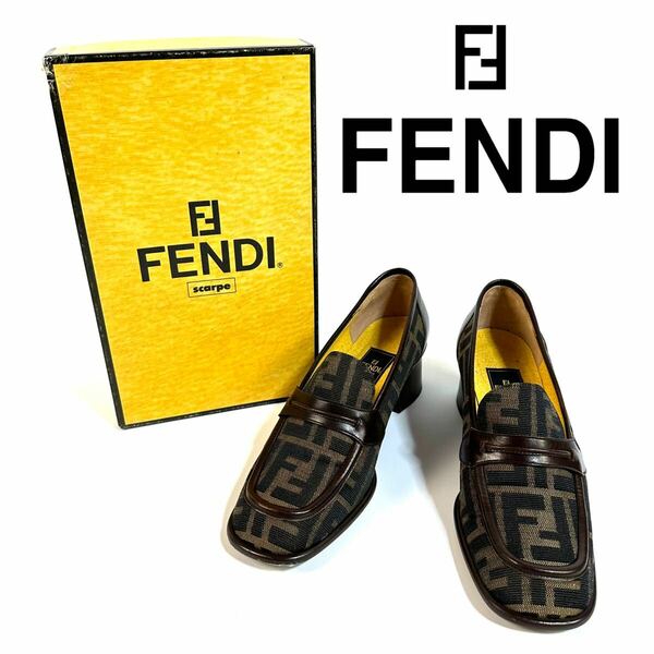 【美品】FENDI フェンディ ズッカ ローファー スクエアトゥ チャンキーヒール ウッドソール 総柄 モカシン 37サイズ イタリア製 元箱付き