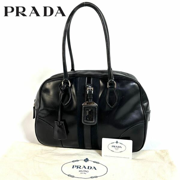 【美品】PRADA プラダ レザー ハンドバッグ ミニ ボストンバッグ ブラック イタリア製 カデナ 保存袋ギャランティカード 付き