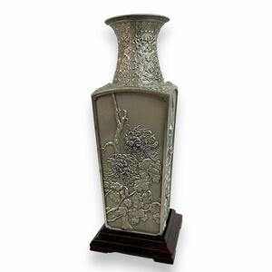 【希少品】ROYAL SELANGOR PEWTER ロイヤル セランゴール 四季コレクション 花瓶 錫製 虫花文 花器 高さ33.5cm 台座付き