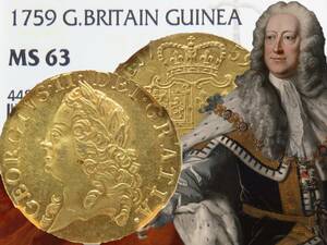 1759年 MS63 ギニー 金貨 ジョージ2世 イギリス NGC 鑑定 UNC 未使用 GOLD GUINEA ハノーヴァー 紋章盾図 英国