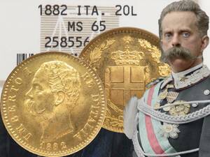 1882年 MS65 イタリア 20リラ 金貨 ウンベルト1世 サルデーニャ NGC 鑑定 完全 未使用 UNC LIRE 紋章盾図 ゴールド