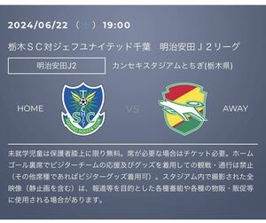 6月22日 栃木SC対ジェフユナイテッド千葉　バック自由席　　ペアチケット　QRコード添付