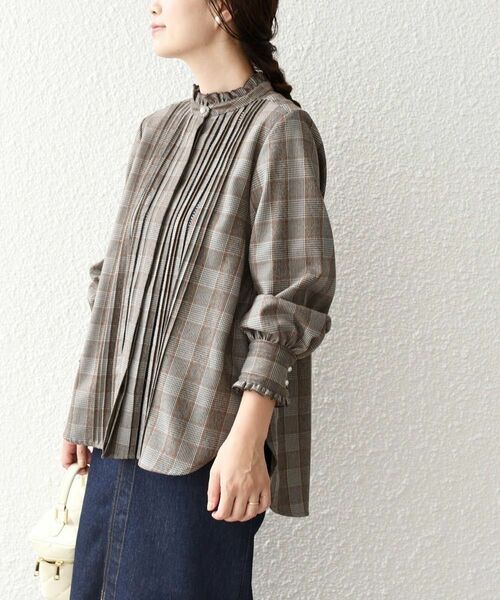 SHIPS for women*〈手洗い可能〉配色 チェック ソリッド ハシゴレース ピンタック ブラウス ◇¥16,170