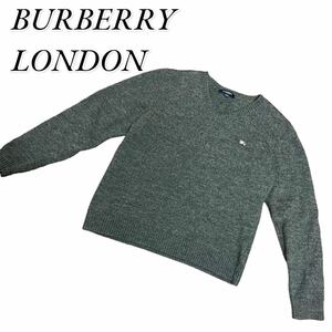 BURBERRY LONDON ニット セーター グレー 長袖 160 Vネック バーバリー ロンドン 毛100% 刺繍 ロゴ 