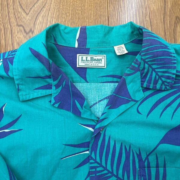 L.L.BEAN 総柄オープンカラーシャツ USA製 L 緑×紺 ビンテージ