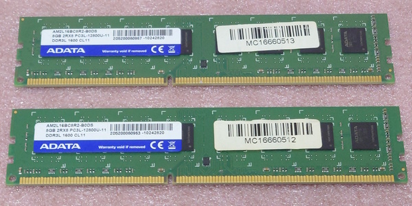 ◆ADATA AM2L16BC8R2-B0DS 2枚セット - PC3L-12800U/DDR3L-1600 240Pin DDR3 UDIMM 16GB(8GB x2) 動作品
