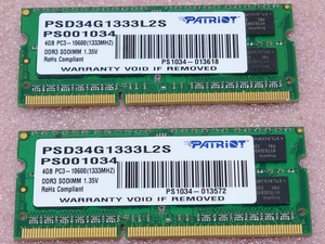 #Patriot PSD34G1333L2S 2 pieces set - PC3L-10600S/DDR3L-1333 Hynix chip 204Pin DDR3 S.O.DIMM 8GB(4GB x2) operation goods 