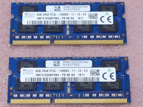 ●SK hynix HMT41GS6BFR8A-PB 2枚セット - PC3L-12800S/DDR3L-1600 204Pin DDR3 S.O.DIMM 16GB(8GB x2) 動作品