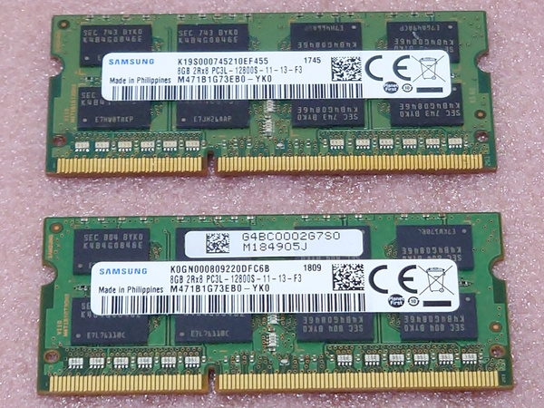 □Samsung M471B1G73EB0-YK0 2枚セット - PC3L-12800S/DDR3L-1600 204Pin DDR3 S.O.DIMM 16GB(8GB x2) 動作品