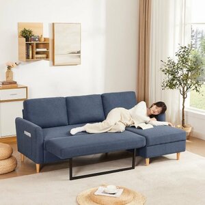 2 seater sofa + Chaise ソファ 2人掛け 収納付き ファブリック 両側に肘掛け付き 木脚外し可能 ローソファ コンパクト Blue Grey