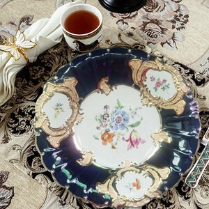 Meissen マイセン 手作り　プレート 洋食器 グランツゴールド レリーフ フラワーブーケ コバルト 大皿 飾皿 ネイビー