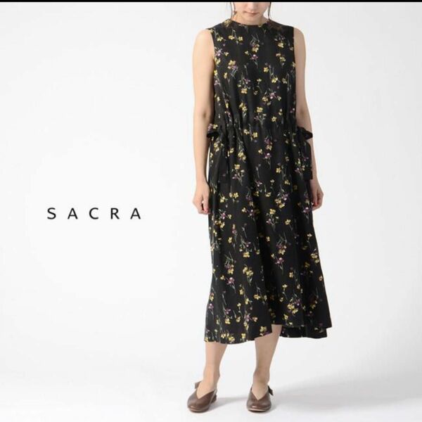 サクラ SACRA フラワープリント ノースリーブ ロングワンピース