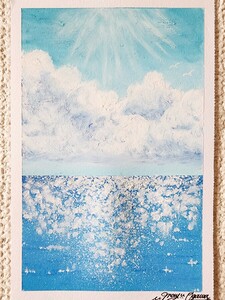 風景画　海の絵　海　夏　空の絵　アート　絵画　オイルパステル　
