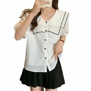 バイカラー セーラー服 レースシャツブラウス トップス 5L ホワイト