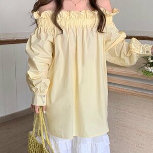 シャツ　ブラウス　オフショルダー　フリル　ゆったり　春夏　韓国ファッション フリー ピンク