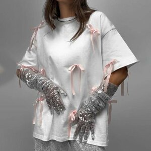 Tシャツ　トップス　レディース　INS　韓国ファッション　デザイン　春夏　リボン　バレエコア L ピンク
