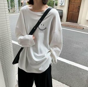 長袖トップス 長袖Tシャツ スマイル レディース オシャレ シンプル L ホワイト