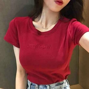 トップス 韓国 Tシャツ シンプル 刺繍 レディースファッション 夏 M レッド