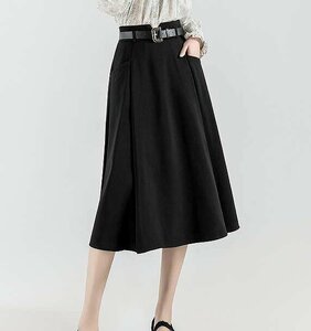 ひざ丈スカート シンプル カジュアル 無地 【大きいサイズあり】 XL ブラック