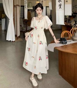 ロングワンピース ボリューム袖 フリル 切り替え スリム 着痩せ 【大きいサイズあり】 sweet系 2XL 花柄