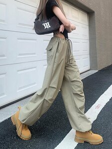 カーゴパンツ ワークパンツ ストラップ ロングパンツ ハイウエスト ストレート S ブラック