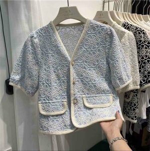 半袖 シック ボタン トップス レトロ sweet系 花柄 きれいめ 2XL ブルー