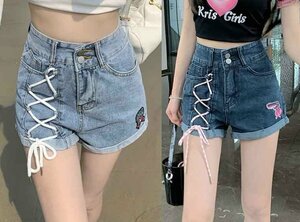  all 2 color Denim short pants show pansy bread race up discount cord high waist switch slim put on .L black gray 