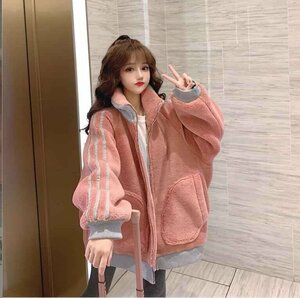 ウールラムコート 韓国風 レディースコート ファッションコート L ピンク