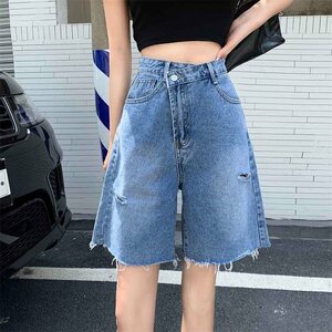 デニムショートパンツ ショーパン ジーパン ダメージ加工 ハイウエスト L ライトブルー