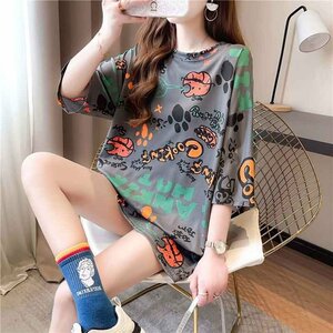  short sleeves tops T-shirt stylish casual summer lady's blouse large size equipped L gray 