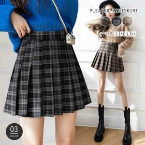  Korea manner check pattern pleat miniskirt S beige 