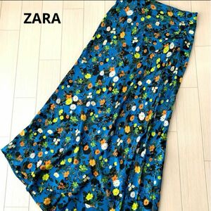 ZARA 花柄　ブルー　スリット　ロングスカート スカーフ生地