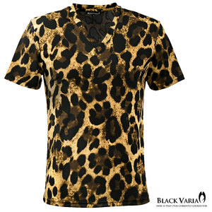 9#183704-br BLACK VARIA ヒョウ柄 豹 レオパード メンズ ストレッチ 半袖 Vネック Tシャツ(ブラウン茶ブラック黒) M お兄系 V系 お洒落