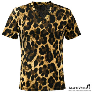 183704-br BLACK VARIA ヒョウ柄 豹 レオパード メンズ ストレッチ 半袖 Vネック Tシャツ(ブラウン茶ブラック黒) XL ステージ衣装