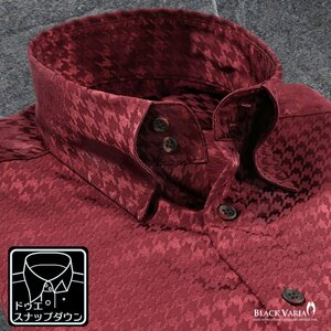 181712-win BlackVaria ドゥエボットーニ チドリ 千鳥格子 ジャガード スナップダウンドレスシャツ 日本製 メンズ(ワインレッド赤) XL 上品