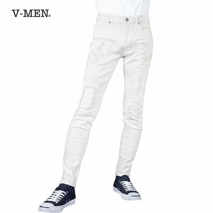 993390-b V-men スキニーパンツ スリム シワ加工 細身ストレッチ デニム メンズ(オフホワイト白クラッシュ加工リペア) L ジーパン ジーンズ